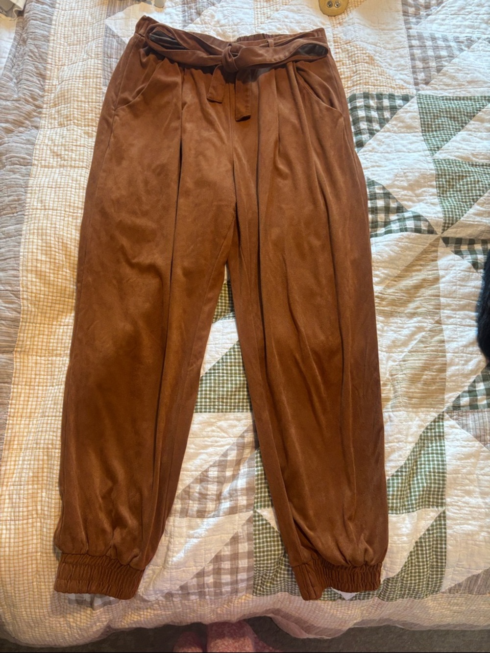 Suede like fabric, elastic and Tie-Waist Jogger Pants